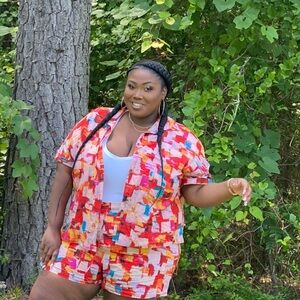 SHEIN Curve Plus Size Colorful Abstract Two Piece Short Set. Button Up Shirt